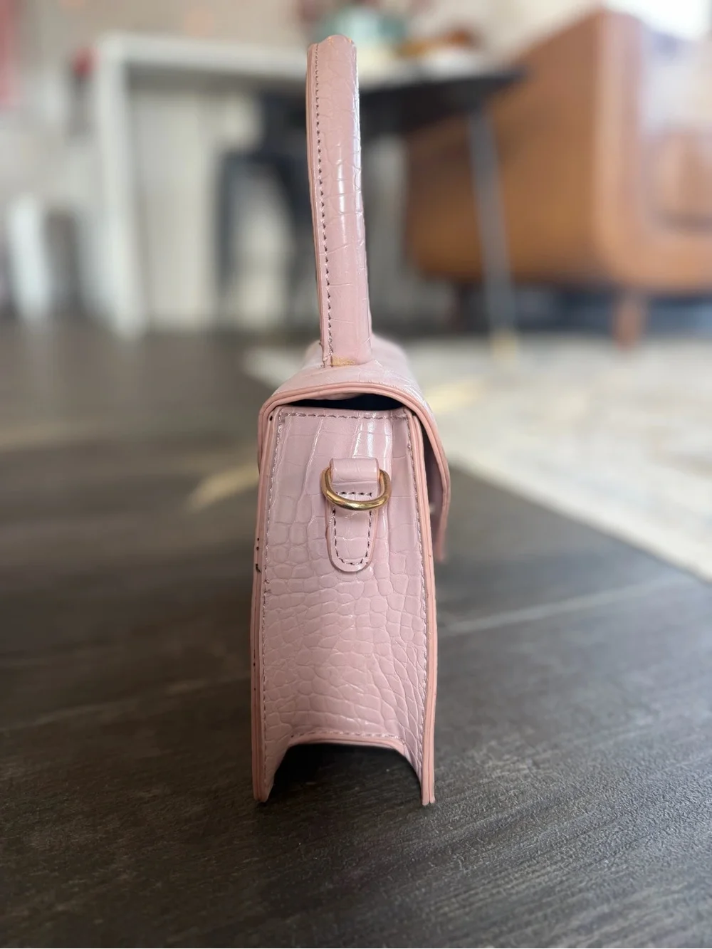 Croc-Embossed Top Handle Satchel in Blush Pink